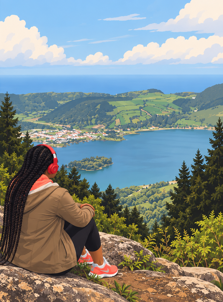 A Black woman with long braids sitting at a scenic overlook and looking across a lake and green hills