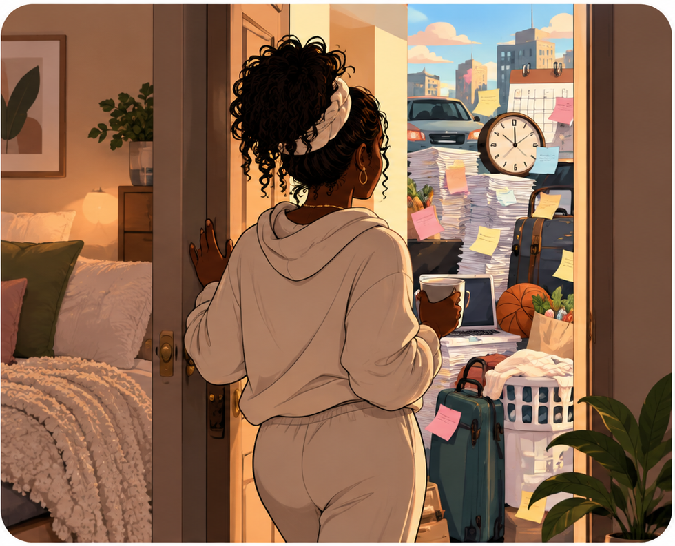A woman leaving a restful room and facing an unchanged pile of everyday demands