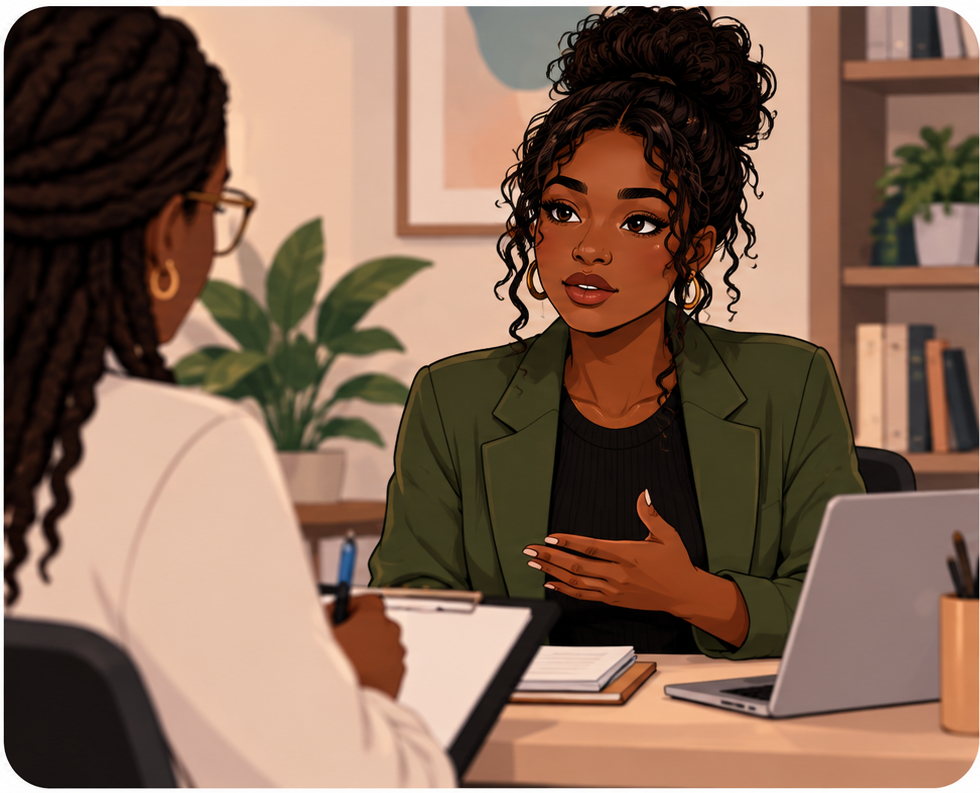 A Black woman advocating for herself during a professional conversation